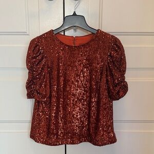 Anthropologie Copper Sequin Blouse with Gathered Sleeves